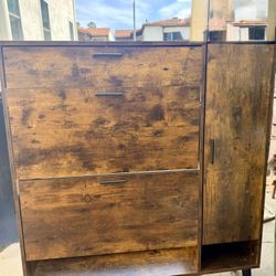 Shoe Cabinet with 3 Flip Drawers & Side Cabinet and Adjustable Shelves, Narrow Entryway Hidden Shoe Rack with Doors, Hallway Organizer (Rustic)