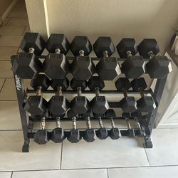 Rubber hex Dumbbells weights 5-50 plus rack 550lbs total
