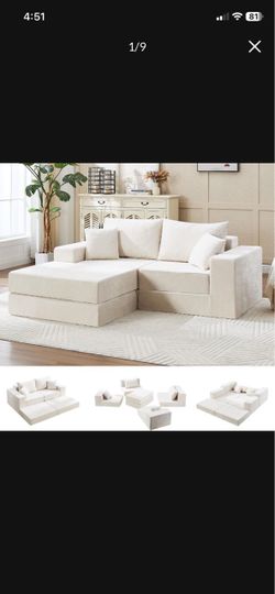79" Boneless Cloud Loveseat Sofa Couch, Modular Foldable Floor Sofa with Ottoman, Chenille Lounge Convertible Sofa Bed for Living Room, No Assembly, B