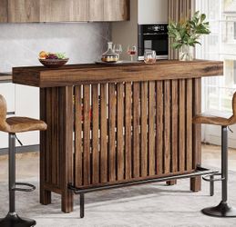 Dark wood colored 63” w bar table and 4 stools