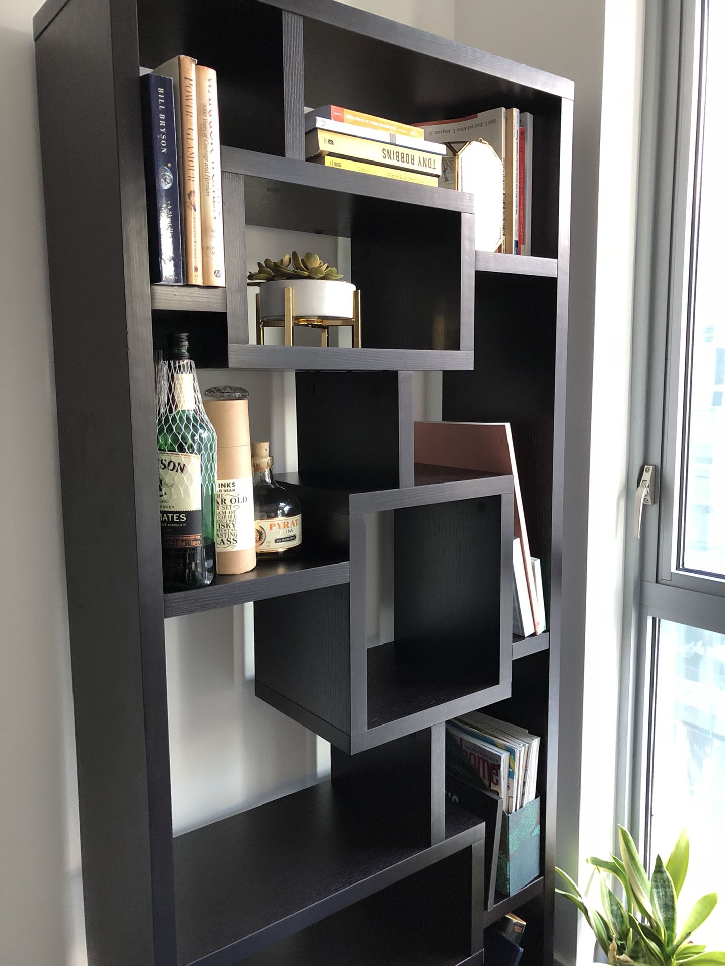 2 Modern geometric dark brown bookcase shelves