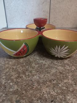 Ceramic Serving Dish with 3 Connected Bowls.