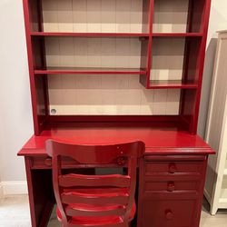 Red Wood Desk with Hutch and Chair (also inc Bookshelf and Lamp)   Can Be Sold Separately 