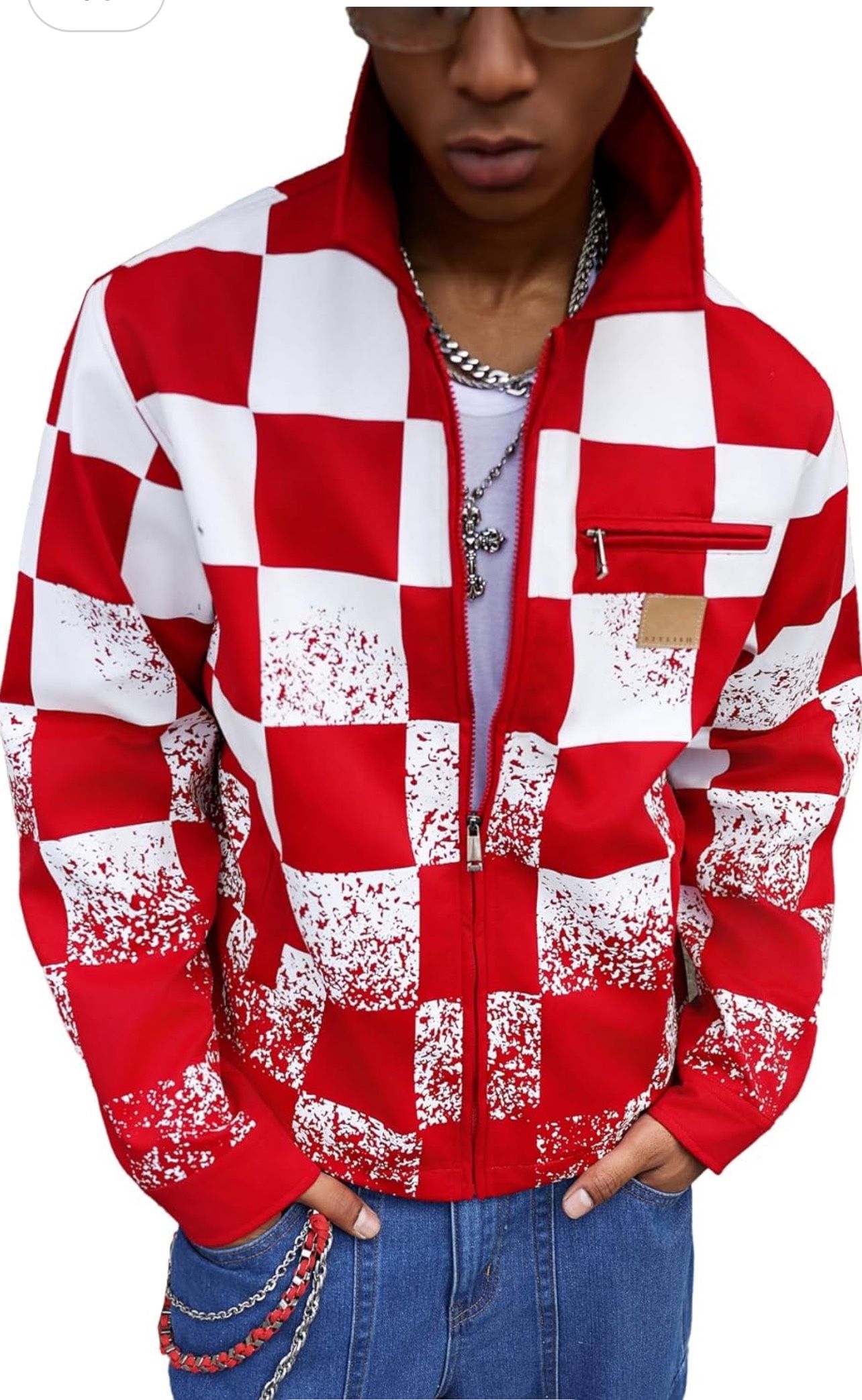 L size Men's Red and White Plaid Personalized Zipper Cardigan Jacket Coat Breathable Dry Urban Street Casual Trendy Jacket