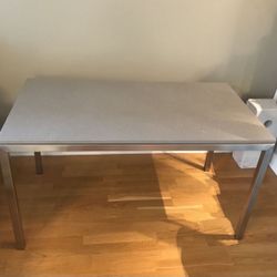 Modern Room & Board Parson Dining Table. Gray Quarz Top with Stainless Steel.