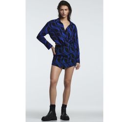 Zara Blue & Black Geometric Pleated Mini Skirt & Blouse Set Sz M
