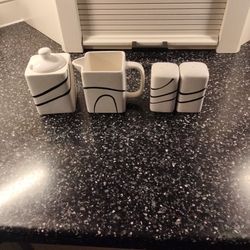 Corelle Black And White Salt, Pepper, Sugar, Creamer, and, Spoon Rest