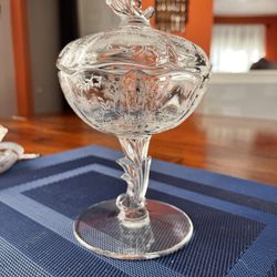 Fostoria Chintz Etched Crystal Covered Comport – Baroque Stem Candy Dish with Lid
