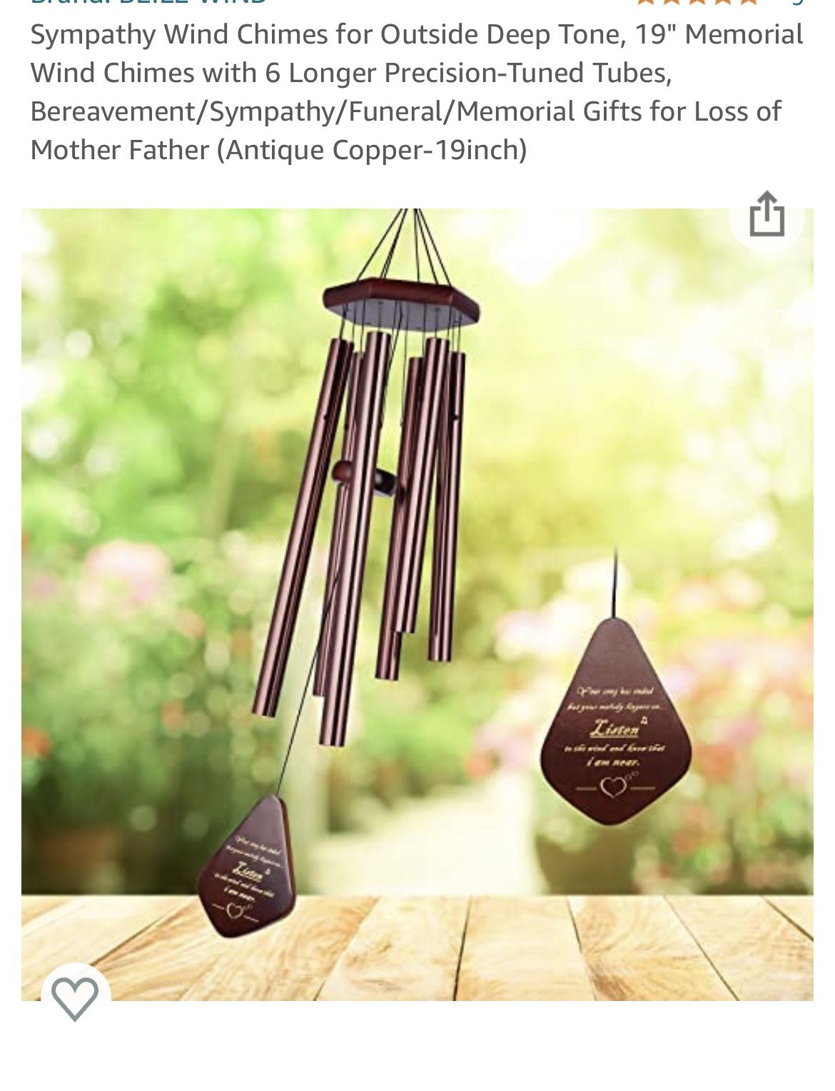 Sympathy Wind Chimes for Outside Deep Tone, 19" Memorial Wind Chimes with 6 Longer Precision-Tuned Tubes, Bereavement/Sympathy/Funeral/Memorial Gifts