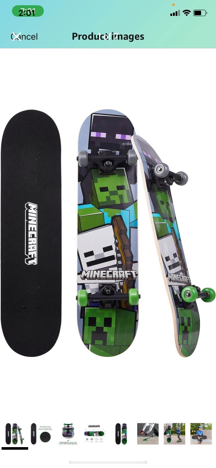 Sakar Minecraft Mob 31 inch Skateboard, 9-ply Maple Deck Skate Board for Cruising, Carving, Tricks and Downhill 