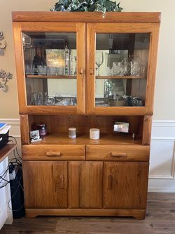 Oak Cabinet Hutch with Glass Doors