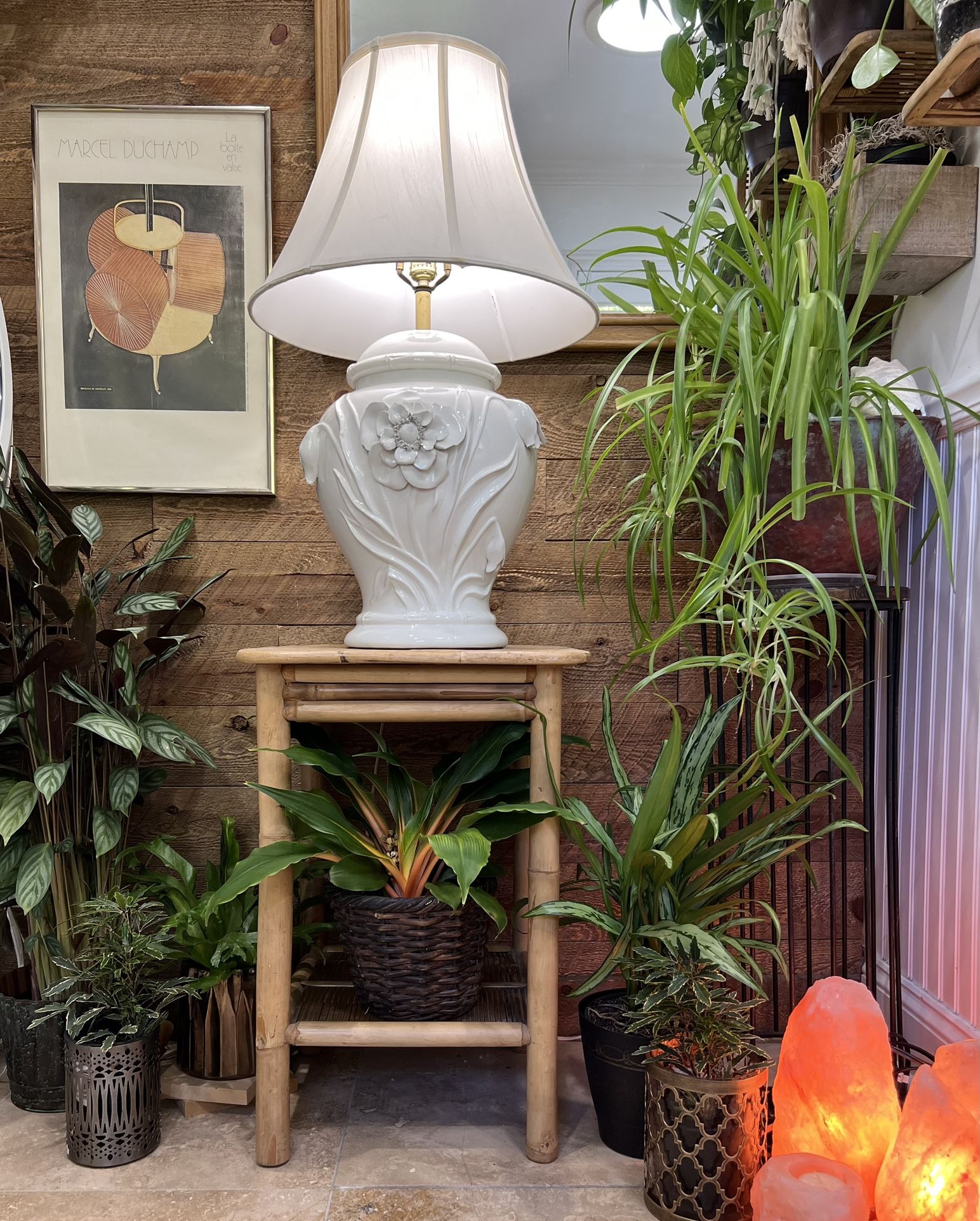 Vintage Hollywood Regency Safran & Glucksman Floral Bamboo Lily White Large Urn Lamp Boho Glam Luxe