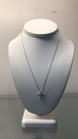 10k White Gold Diamond Cross With 18” White Gold Chain