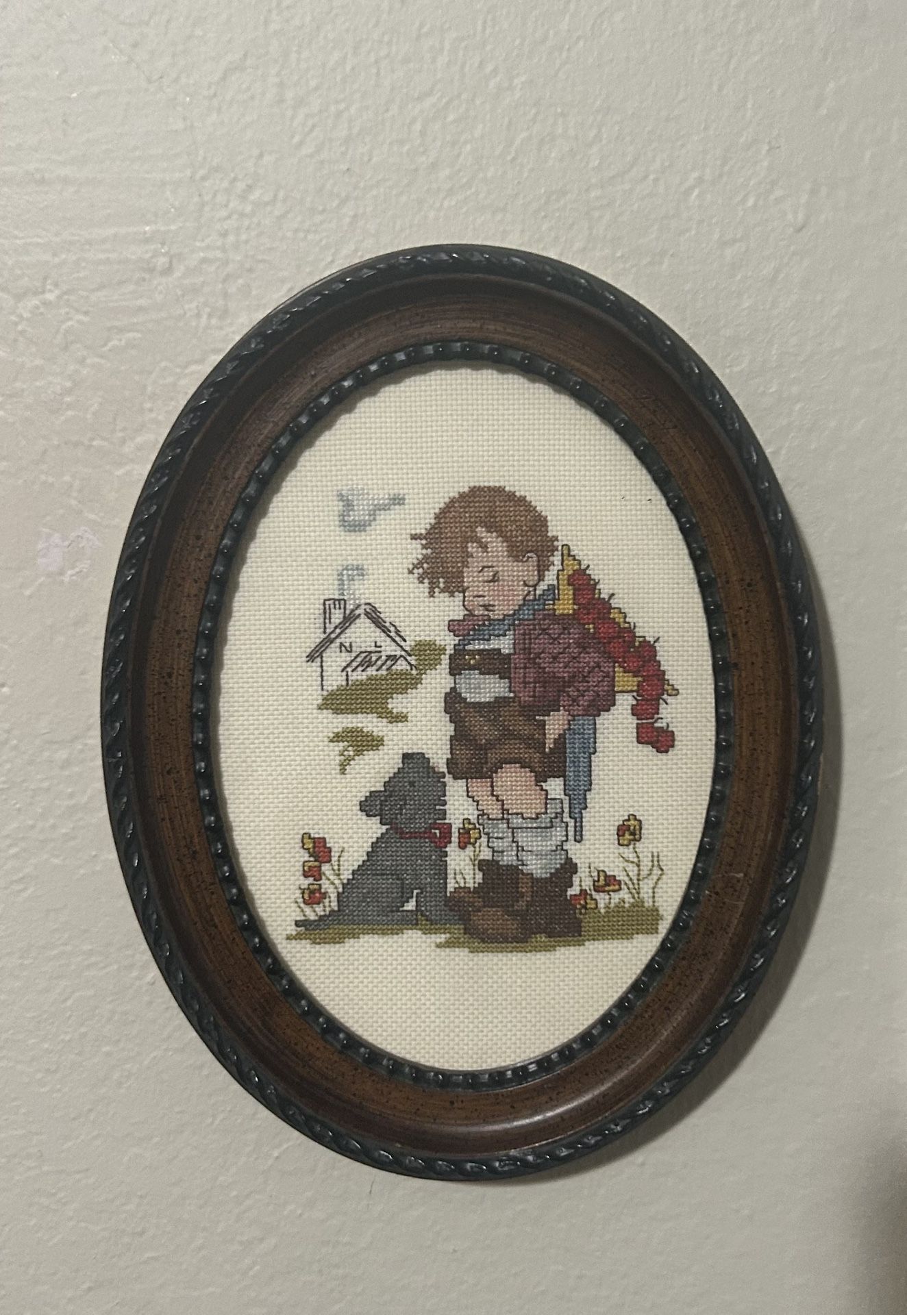 Vintage Hummel Oval Framed Little Boy and Dog Cross Stitch 6x8