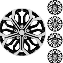 Brand New Never Used  16 inch Hubcaps Set of 4 -- Universal Polished Black & Silver Wheel Covers - Fits Multiple Car Models Exterior A