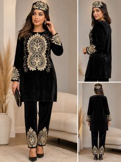 Elegant Black Velvet  Embroidered 3-Piece Ser