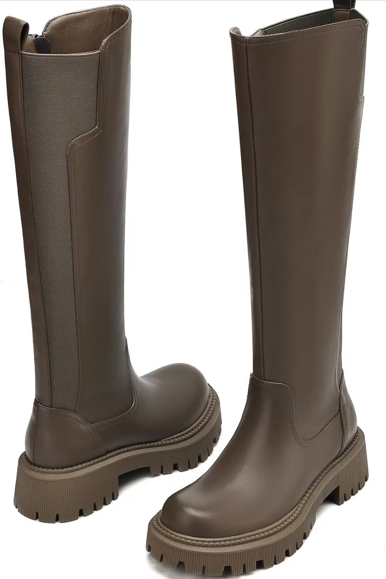 Women's Knee High Boots Fashion Platform Lug Sole Tall Riding Boots Comfortable Stretch Calf Dress Long Boots(grey 6.5)