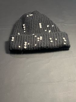 Vince Camuto Black Ribbed Knit Beanie with Rhinestones