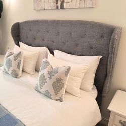 Complete Bedroom(19 Pieces): Queen sized upholstered bed,King Koil mattress with base,mattress topper,bed linen,throw blanket,6 pillows,2 Night Stands