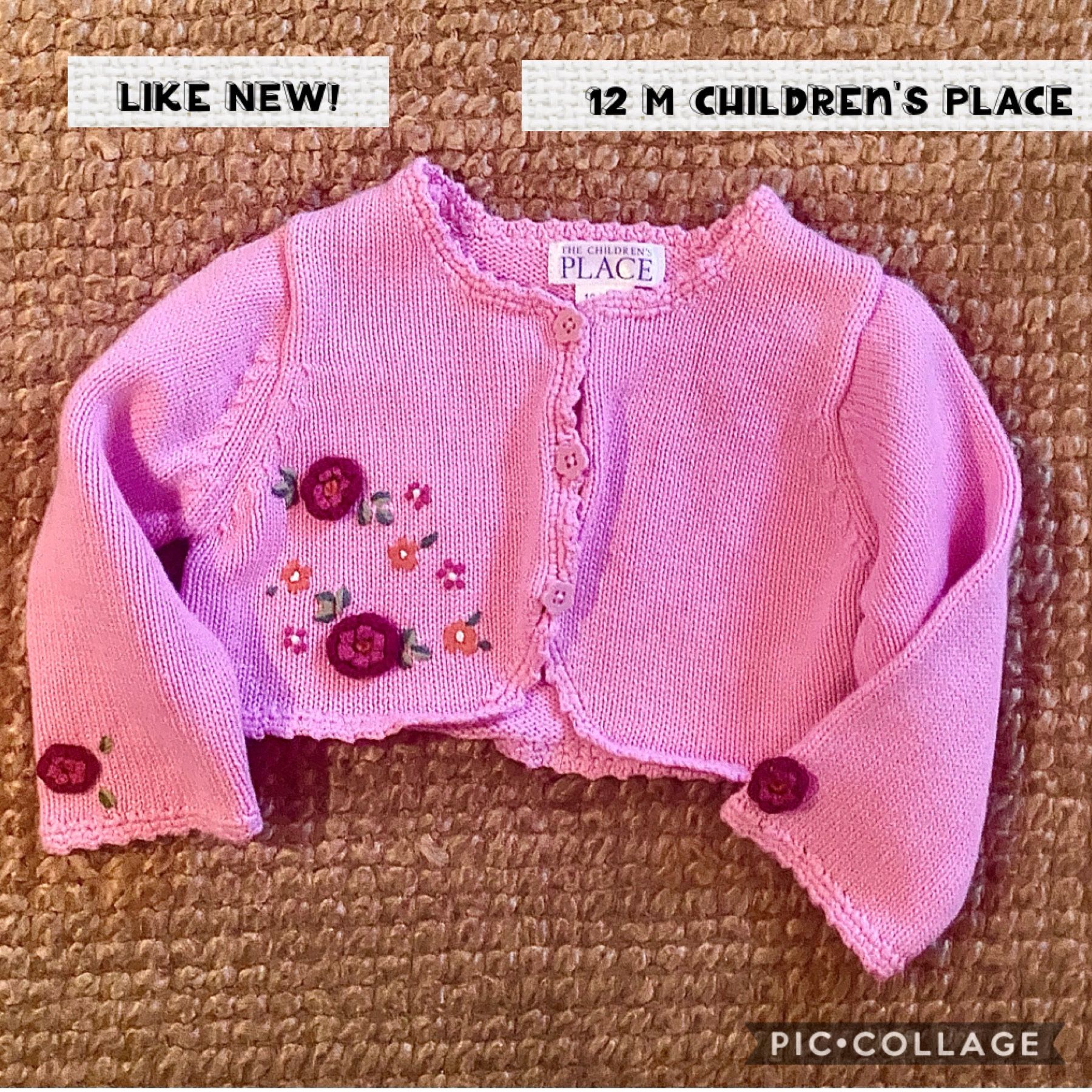 12 Month Baby Girl, Cotton Sweater, Children’s Place Like New Embroidered Flowers On Sleeves In Front Flower Shaped Buttons Cropped Style