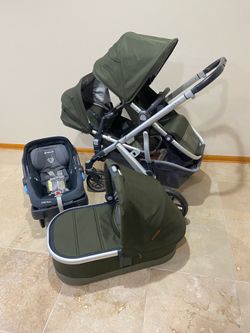 Green Olive Uppababy Vista V2 Double Stroller With Car Seat And Bassinet