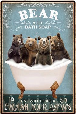 Funny Bear Decor Vintage Bathroom and Bathtub Metal Tin Sign Decor Bear Pet lovers Gift Farm Home Bar Bathroom Man Cave Retro Wall Art Poster Sign Acc