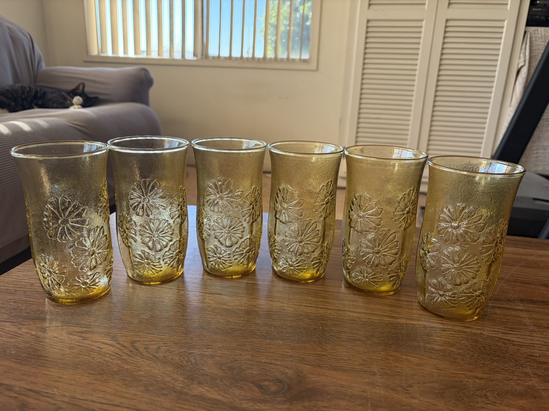 Vintage Anchor Hocking Spring Song Daisy Amber Glasses Set of 6