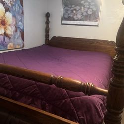 Four Poster Wood Cal King Bed, Nightstands, Mattress and Boxspring