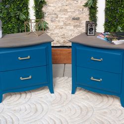Refinished Designer Nightstands – Pair | Custom Teal & Wood Finish