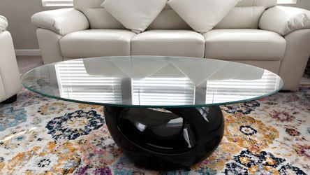 Modern Oval Glass Coffee Table, Glossy Black Base