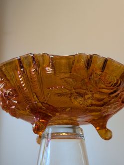 Vintage Imperial Glass Lustre Rose Marigold Carnival Glass Footed Bowl