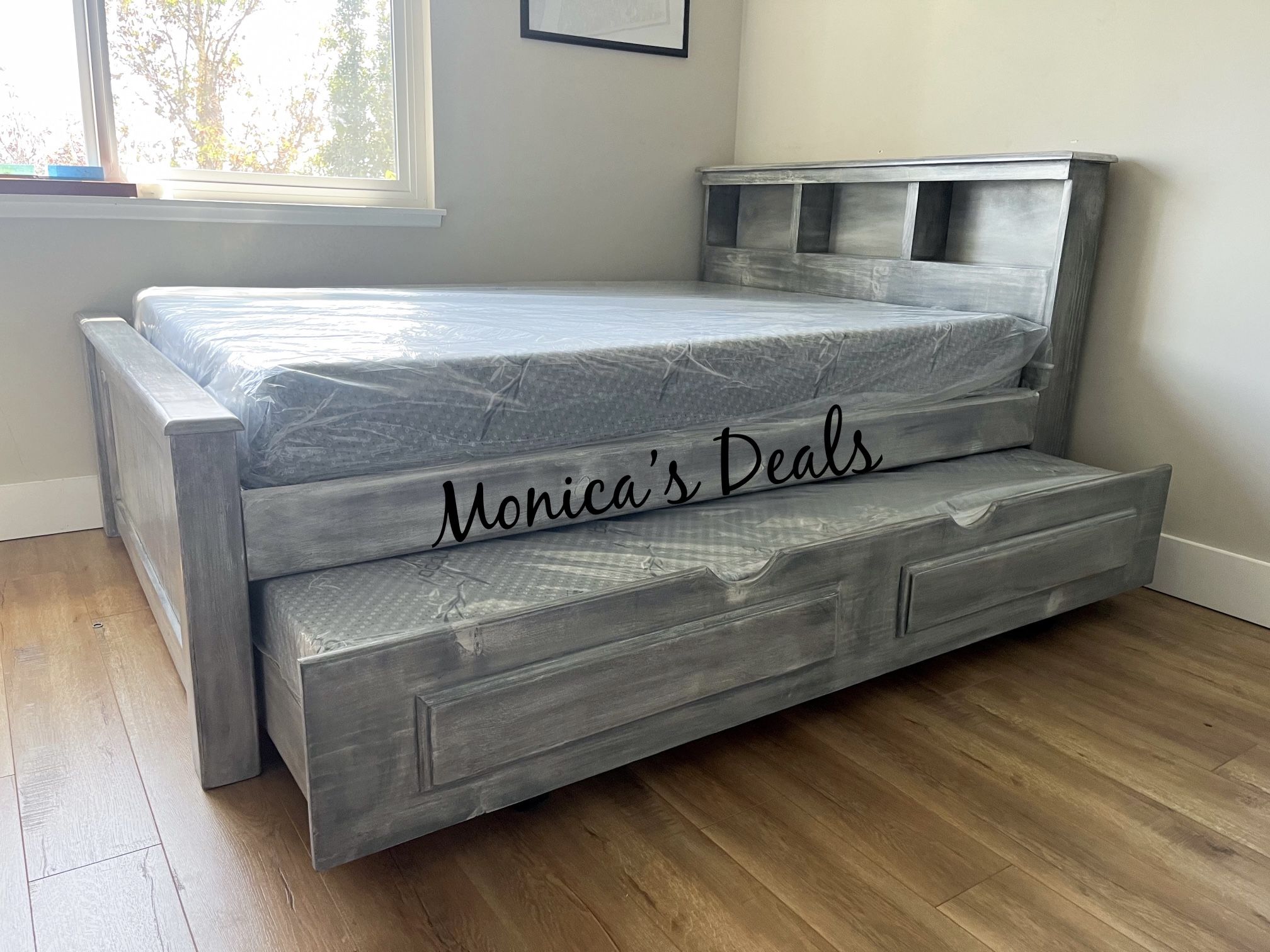 Full Solid Wood Bed With Twin Trundle And Both Memory Foam Mattresses $740