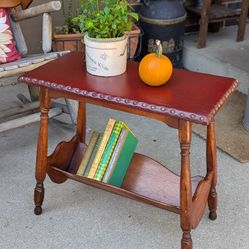 Vintage Stuffed Faux Leather Book Shelf Accent Table -Solid Wood 