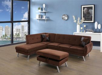 Brand New Brown Microfiber Sectional With Storage Ottoman & 2 Decorative Pillows
