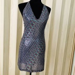 VERSACE, A-LINE MINI DRESS, PURPLE PRINTED SEQUIN EMBELLISHMENTS. SIZE 40