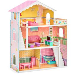 3 Story Mansion Wood Dollhouse Playset with Accessories Christmas Gift