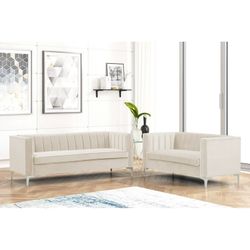  Contemporary Living Room Set Velvet Upholstered Loveseat Sofa Beige