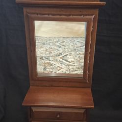 Antique Vintage Wooden Table Top/Wall Hanging Vanity Mirror With Drawers 26"