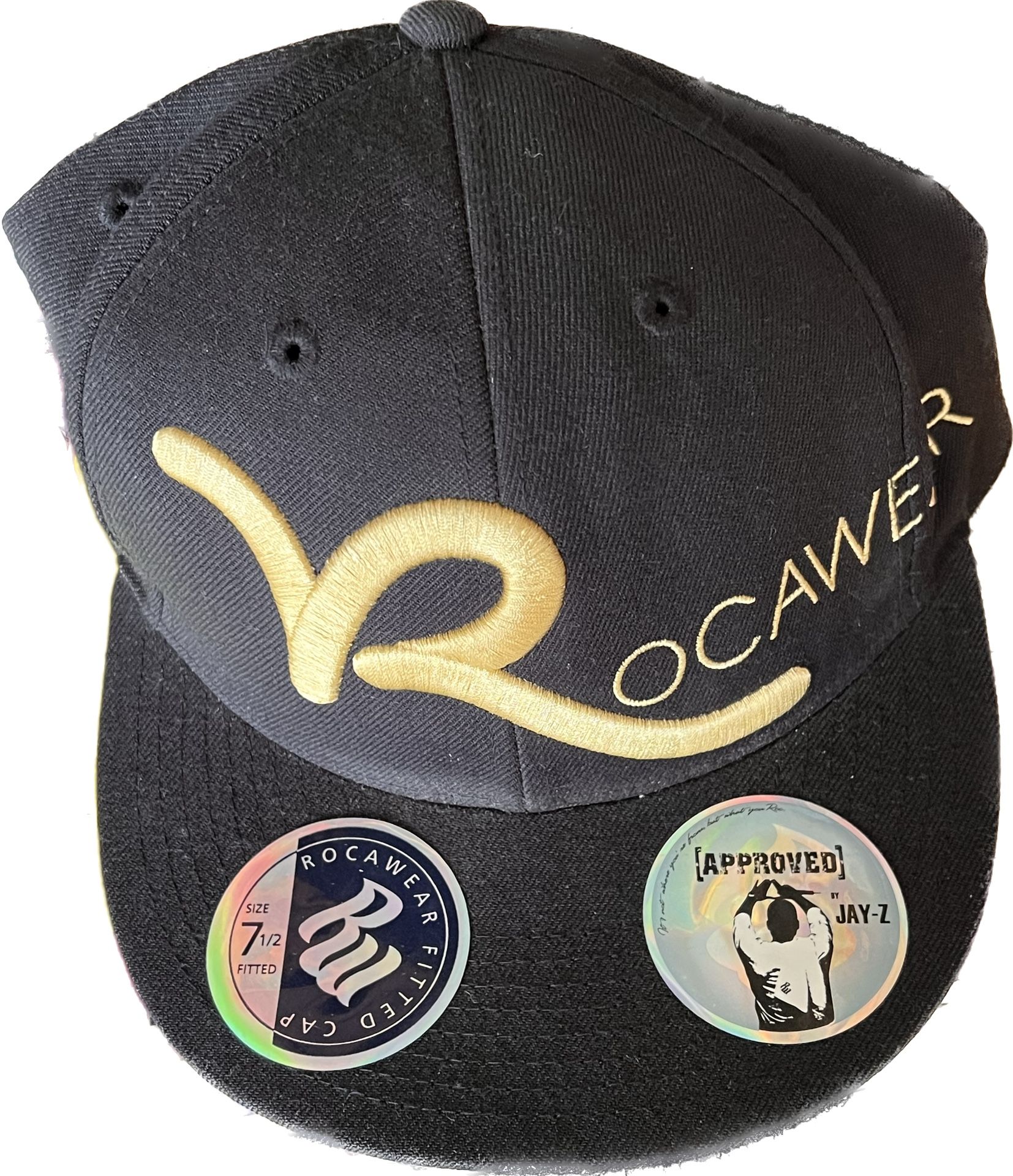 Rocawear jay Z Fitted Hat Cap 7 1/2 Black Gold Y2K