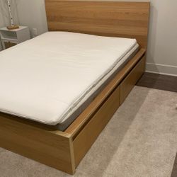 IKEA Queen Bed Frame w/ 4 Storage Drawers – Oak Finish (No Mattress)