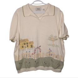 Vintage Alfred Dunner Knit Cream Collared Short Sleeve Embroidered House 2X