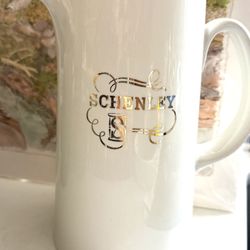 Hall China for Schenley Whiskey Advertising Pitcher  - Gold Lettering - Approx 9” Tall - Great for Florals & Fun Shelf Decor 