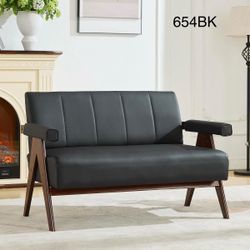 Faux leather couch, mid century modern office small loveseat
