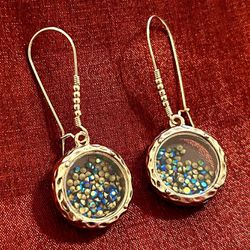 Round Glass Gold Pendant Floating Gold Blue Gems Kidney Wire Dangle Earrings Costume Jewelry