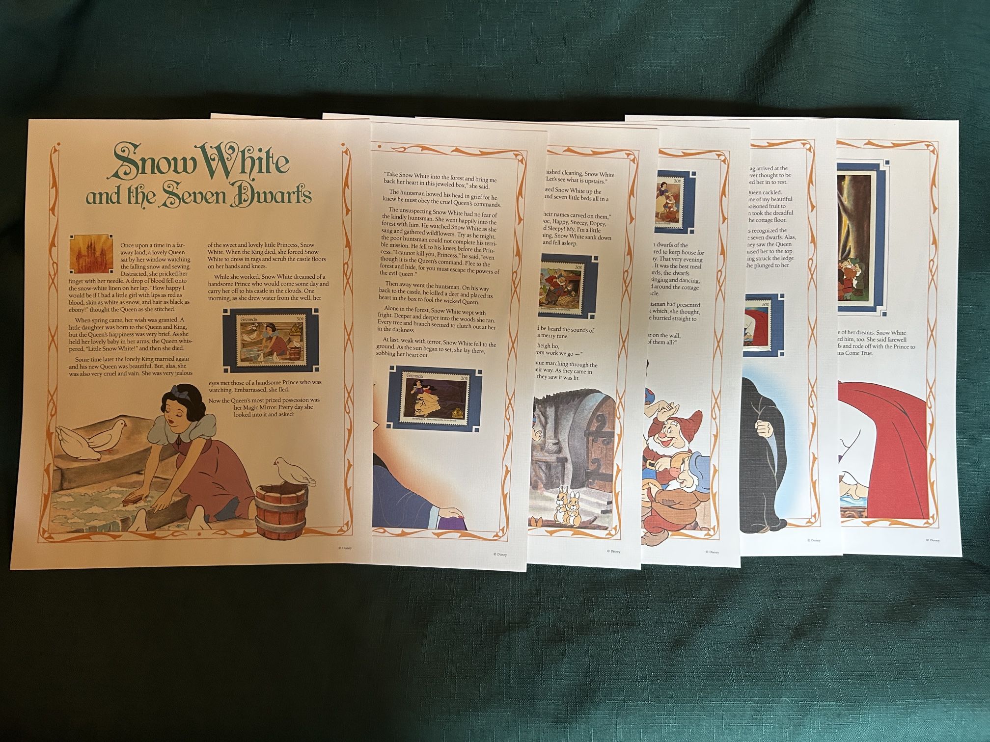 6) Vintage Disney SNOW WHITE Classic Movie Collector Stamp Story Panels