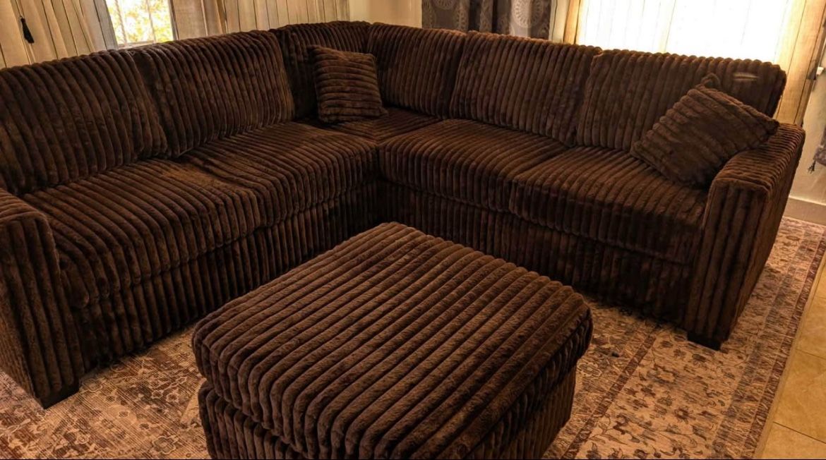 New Brown Fur Like Corduroy Sectional Couch With Ottoman / Free Delivery