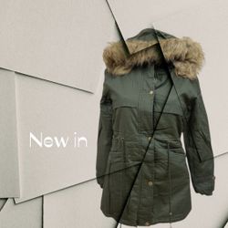 Green  Winter Jacket With Faux Hoody