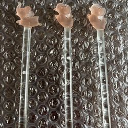 Pink Elephant Frosted Glass Swizzle Sticks 8" MCM Barware 3 in set 1960s Antique