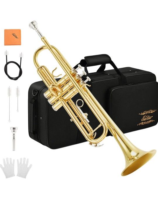 Eastar Bb Standard Trumpet Set for Beginner, Brass Student Trumpet Instrument with Hard Case, Cleaning Kit, 7C Mouthpiece and Gloves, ETR-380, Golden