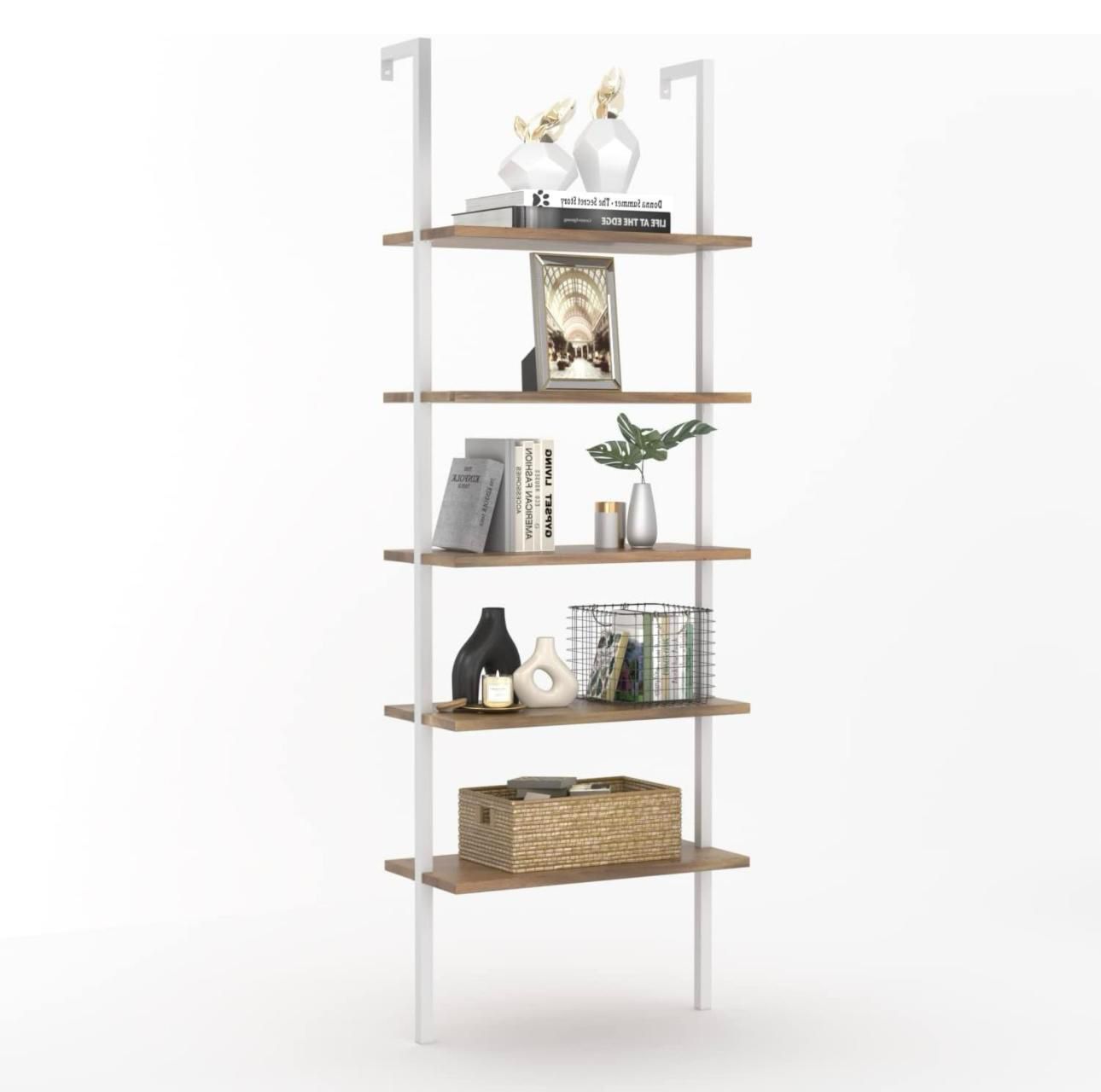 Shelf Modern Bookcase, Open Wall Mount Ladder Bookshelf with Industrial Metal Frame D013